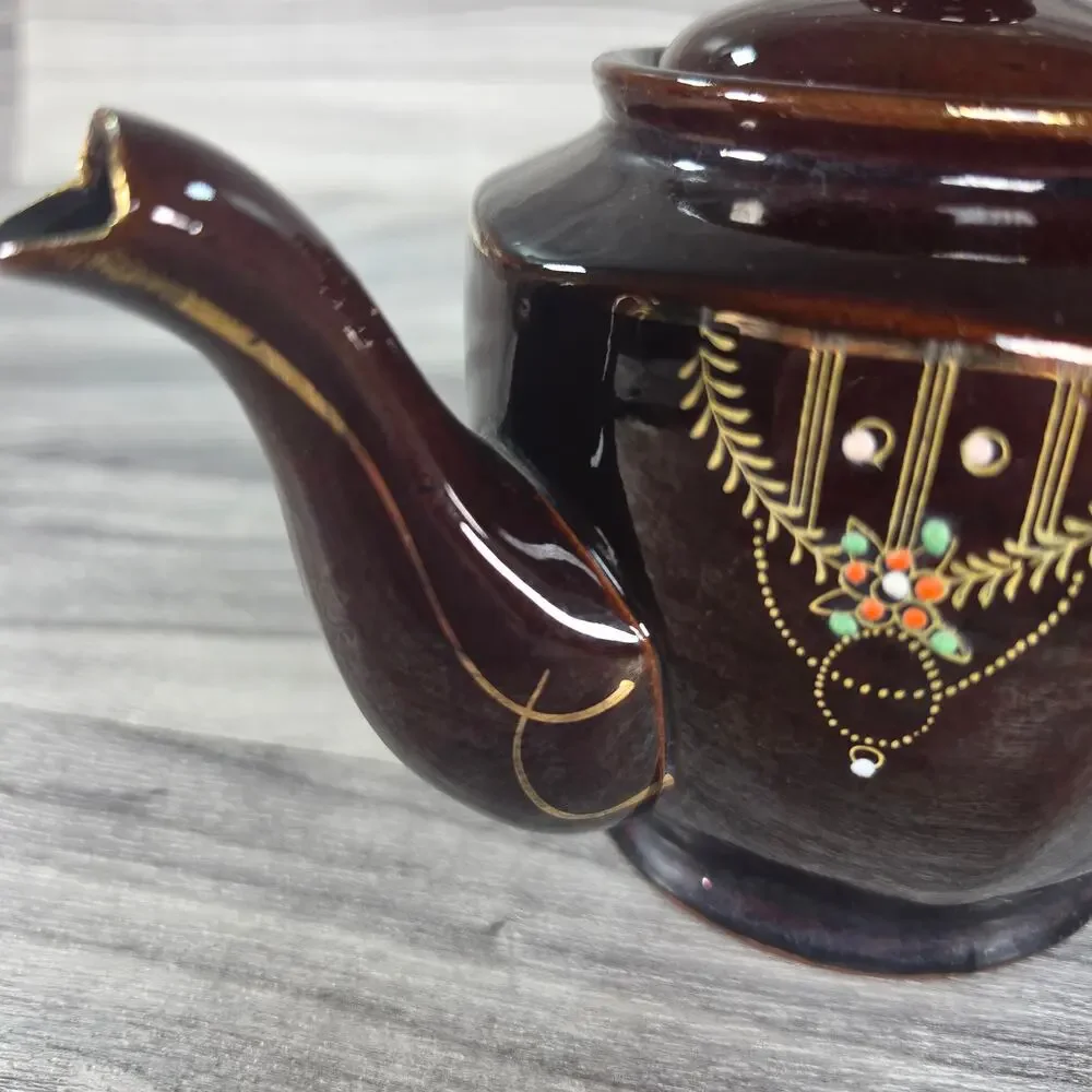Vintage Japanese Dark Brown Teapot Hand Painted Raised Moriage Floral Gold Japan